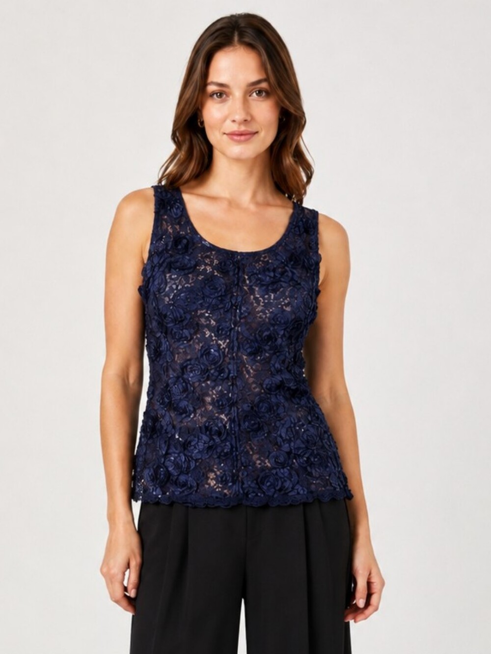 Glam Navy Floral Sequin Lace Tank Top Onyx Nite Size M Evening Party